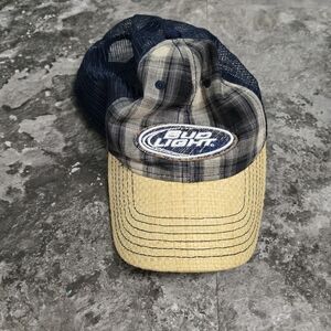 Bud Light Hat Mens Blue Snapback Baseball Cap Plaid Beer Mesh